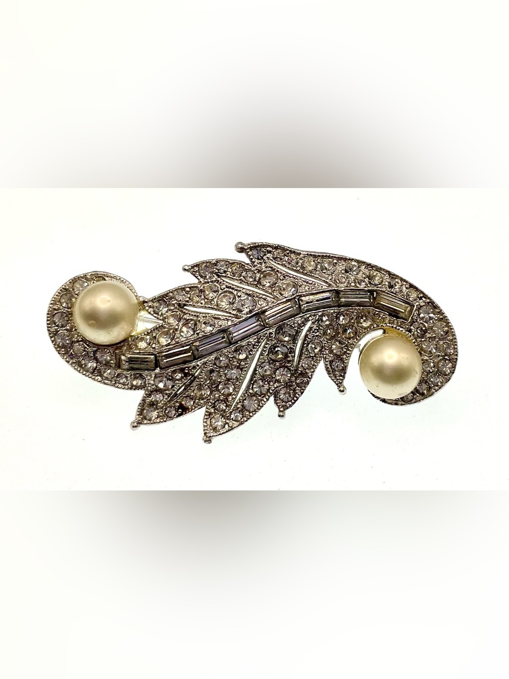 Vintage Rhinestone Faux Pearl Leaf Crystals Brooch Silver Tone MCM